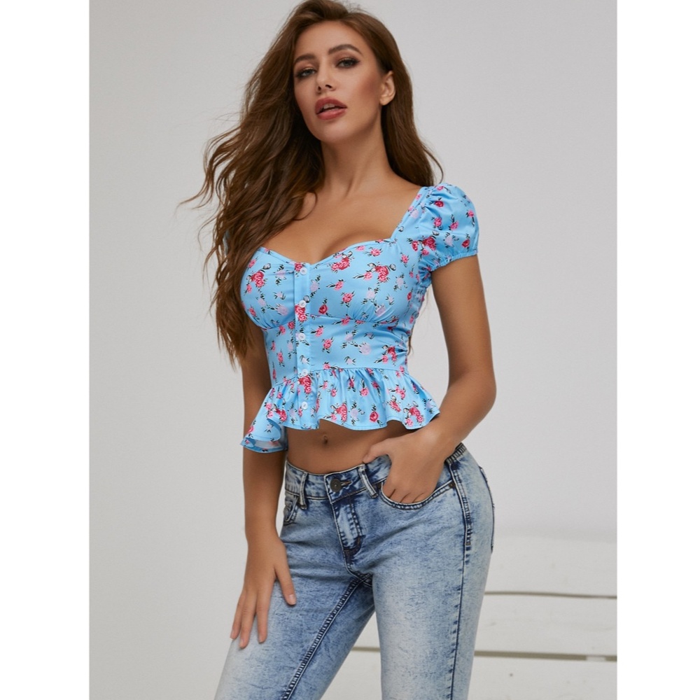 Blue Floral Peplum Hem Sweetheart Babydoll Top - Picture 5 of 8